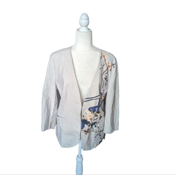Fairycore neutral linen blend butterflies painted unstructured blazer sz 14 - Picture 7 of 11